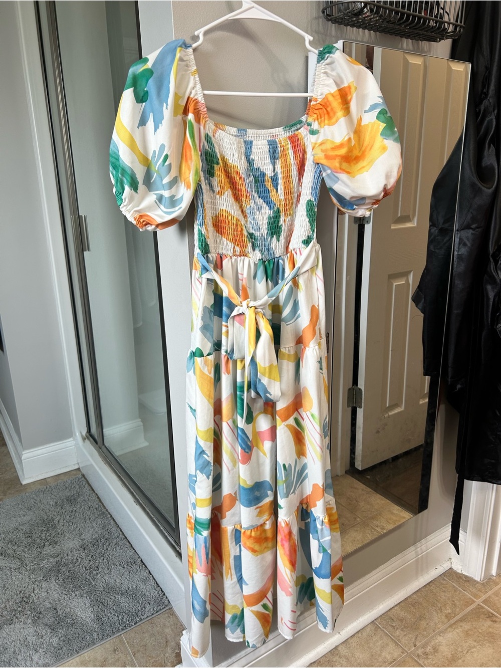 Smocked Puff-Sleeve Maxi Dress in Multicolor Abstract Print